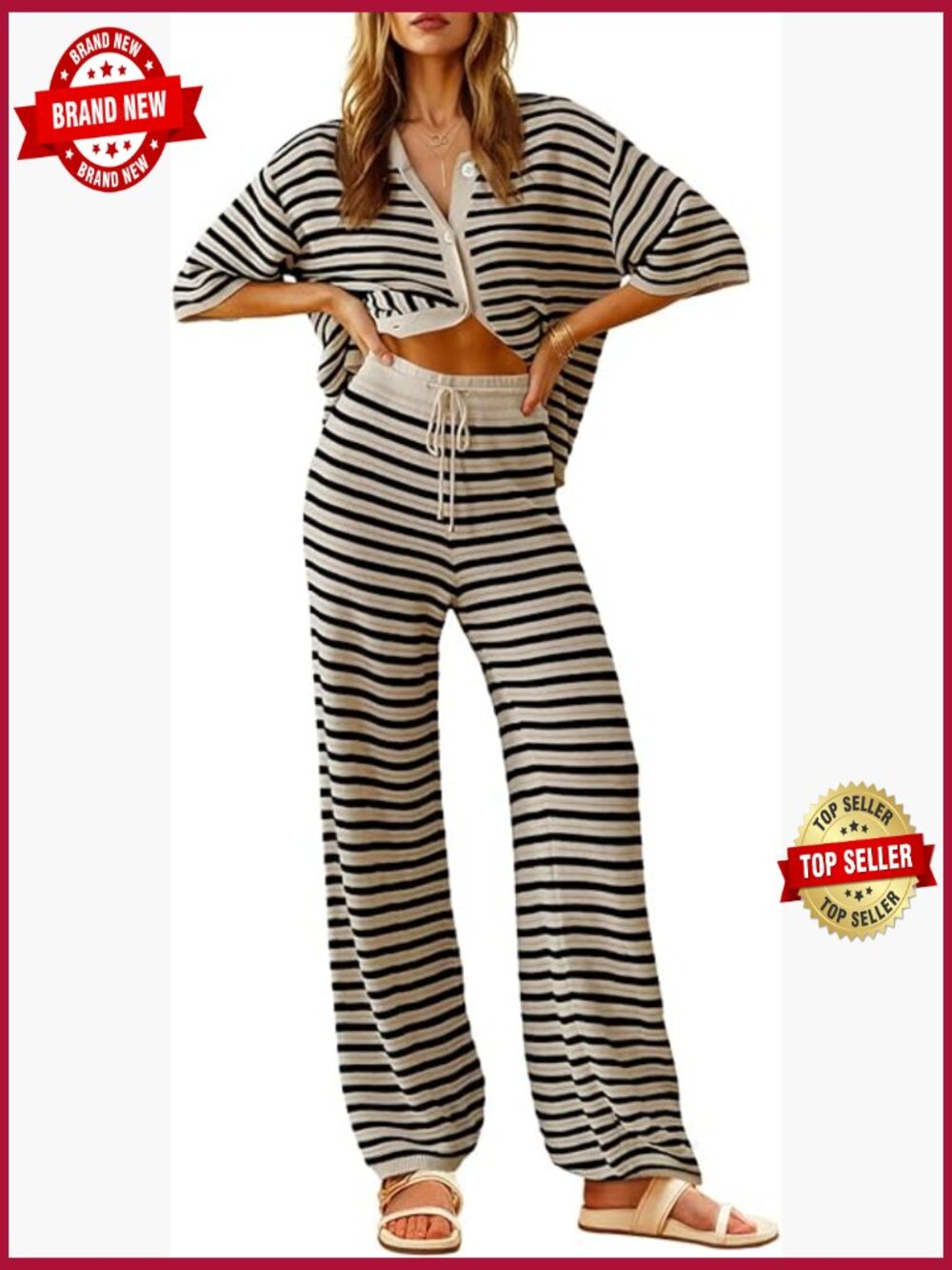 2 Piece Lounge Set Striped Knit Short Sleeve Top Wide Leg Pants Travel Outfits - Picture 1 of 7